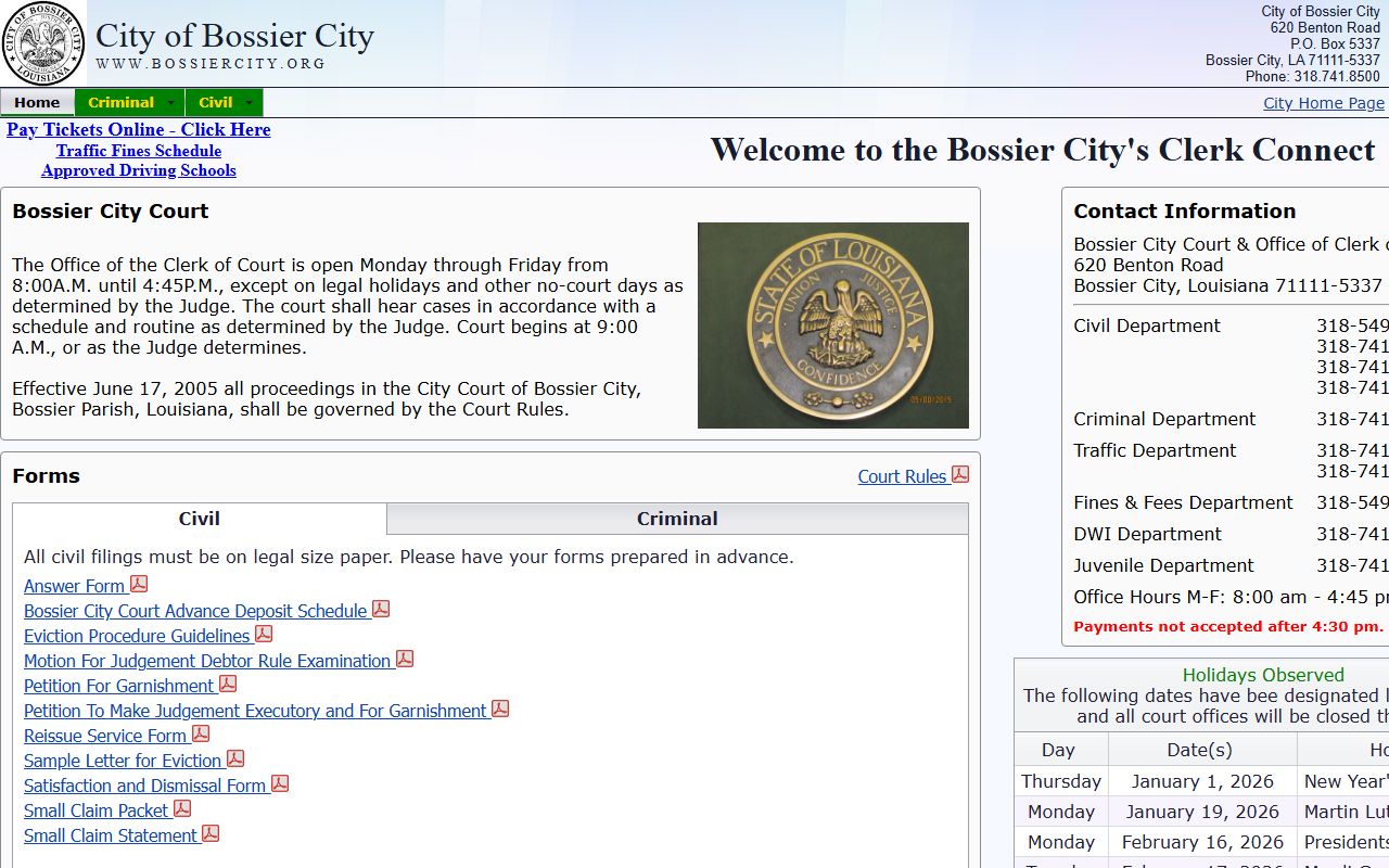 Bossier City phone directory court website homepage