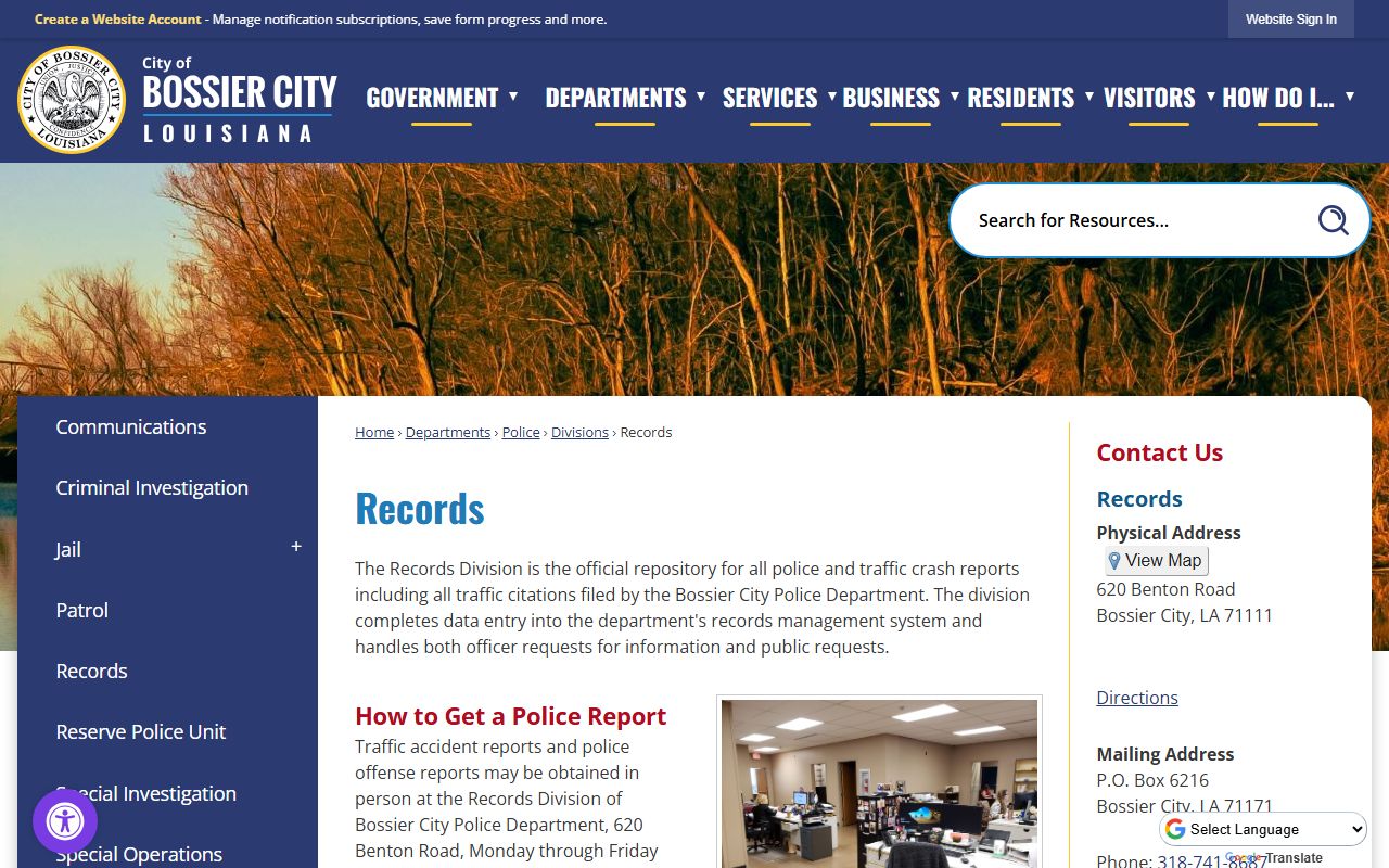 Bossier City phone directory police records division page