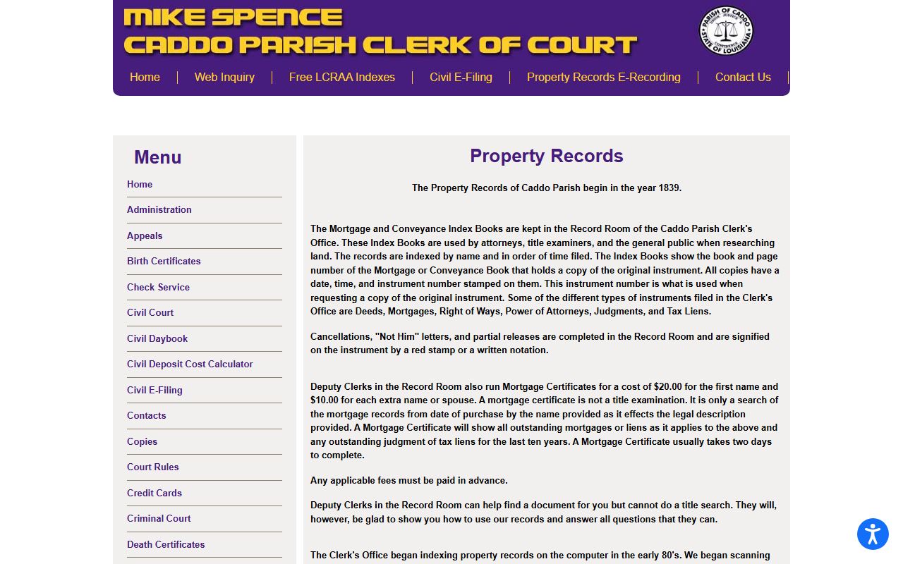 Caddo Parish land records search page for phone directory lookup