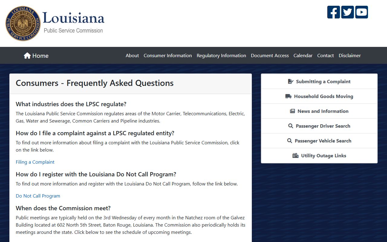 Louisiana Public Service Commission consumer page phone directory